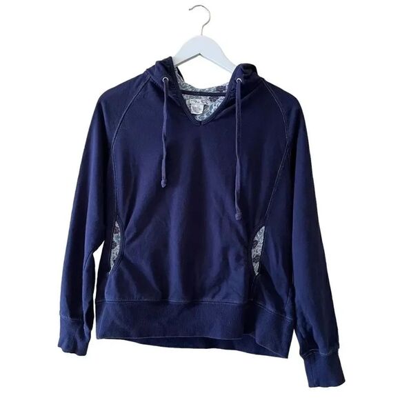 Navy Floral Lining Kangaroo Pockets Cotton Blend Women Hoodie Sweatshirt, SZ L - Picture 1 of 8